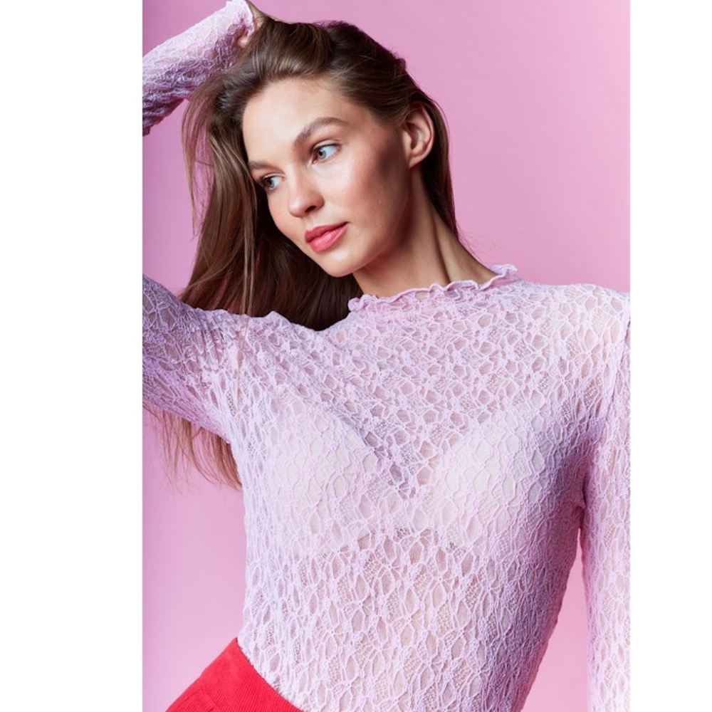 “The Laura" Pale Pink Elegant Sheer Lace Mock Neck Top